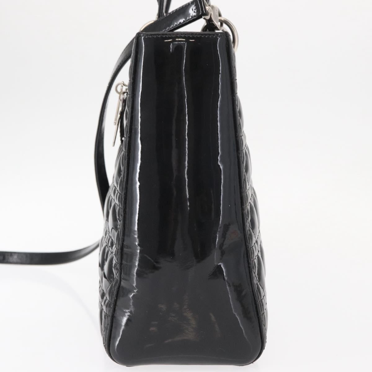 Christian Dior Lady Dior Cannage Stitch Patent Black Patent_Leather Handbag (Pre-Owned)