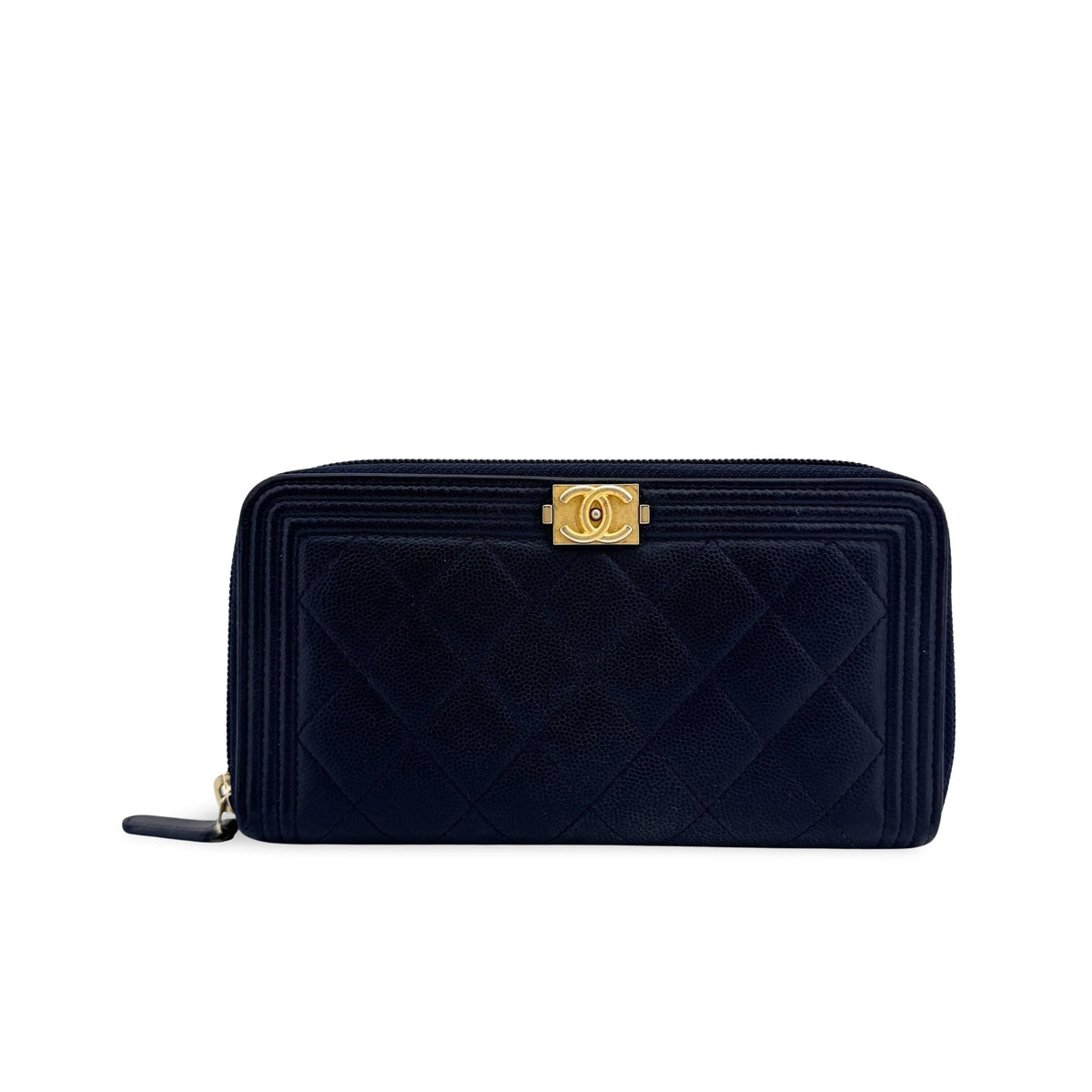 Chanel Boy Zip Around Quilted Caviar Black Leather Wallets Accessory (Pre-Owned)