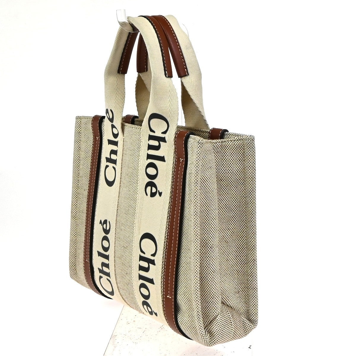 Chloe Woody Canvas With Leather Beige Canvas Tote Bag Bag (Pre-Owned)