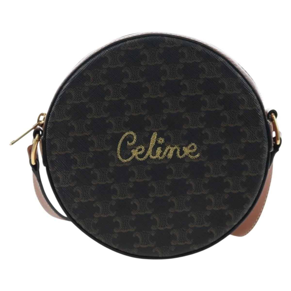 Celine Round Purse On Strap Triomphe Coated Canvas Black Pvc Shoulder Bag Bag (Pre-Owned)