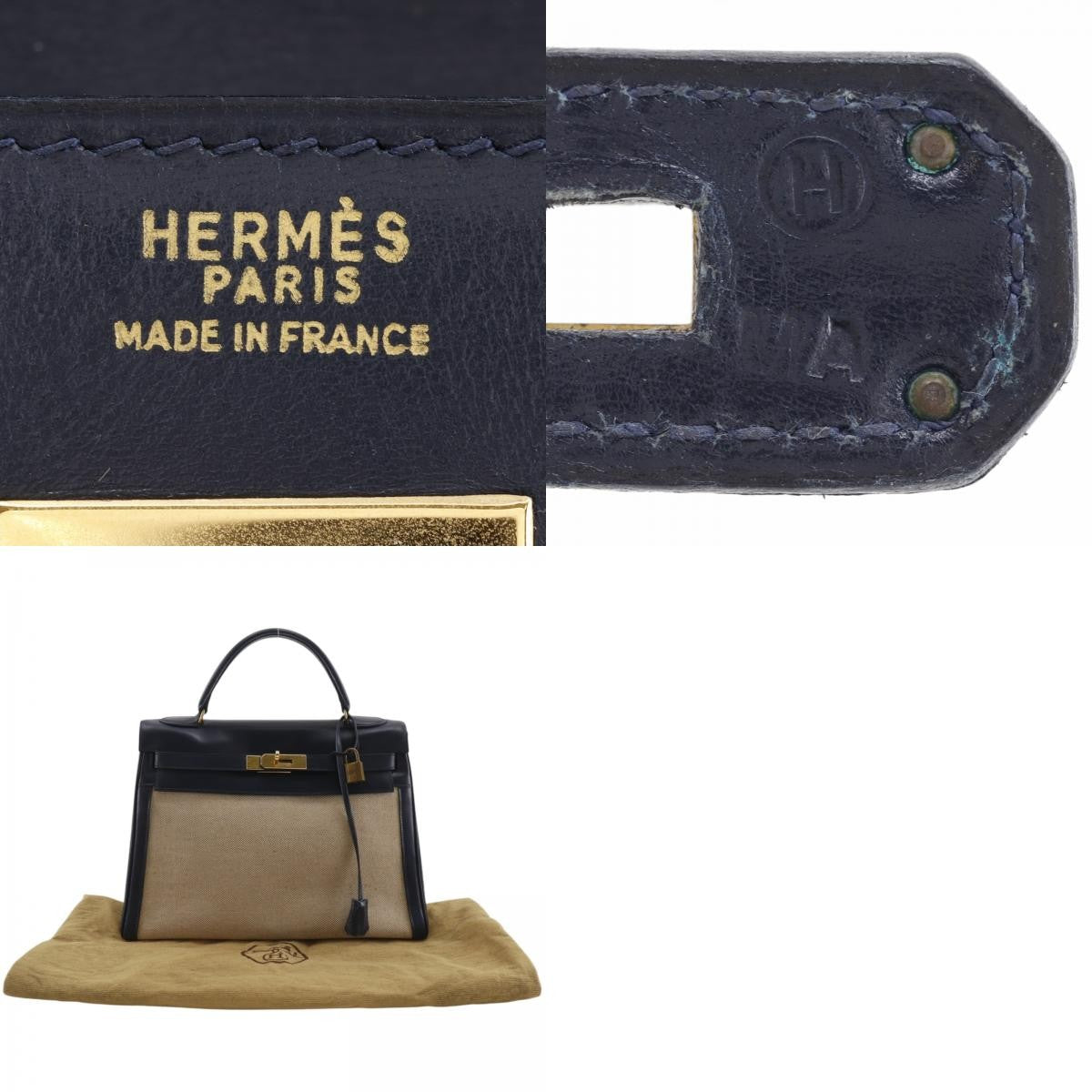 Hermes Kelly Black Box Calf With Gold Hardware Beige Canvas Handbag (Pre-Owned)