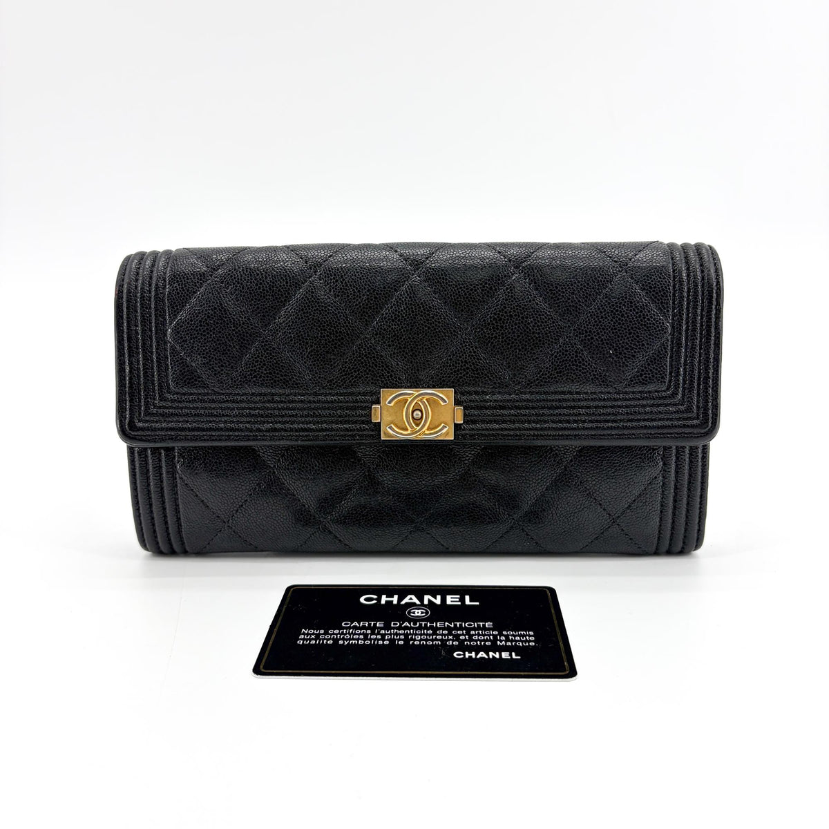 Chanel Boy Flap Quilted Caviar Black Leather Wallets Accessory (Pre-Owned)