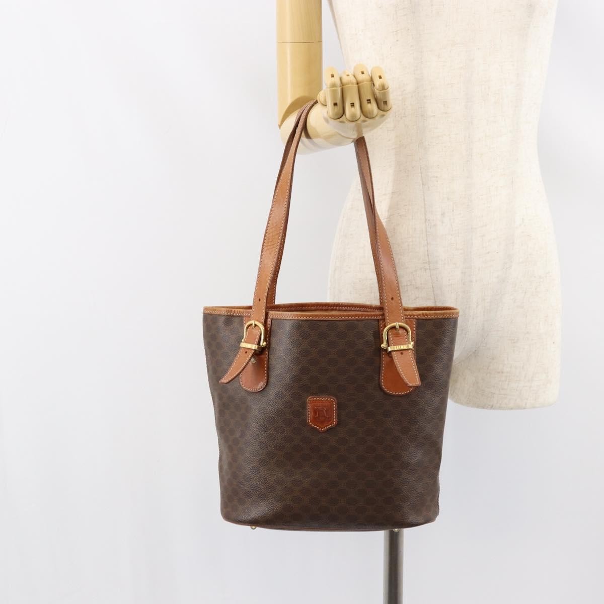 Celine Vintage Macadam Shopper Tote Canvas And Leather Brown Canvas Tote Bag Bag (Pre-Owned)