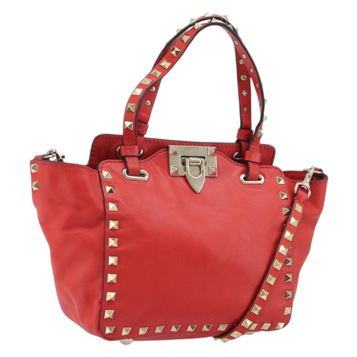 Valentino Garavani Rockstud Tote Soft Leather Red Leather Tote Bag Bag (Pre-Owned)