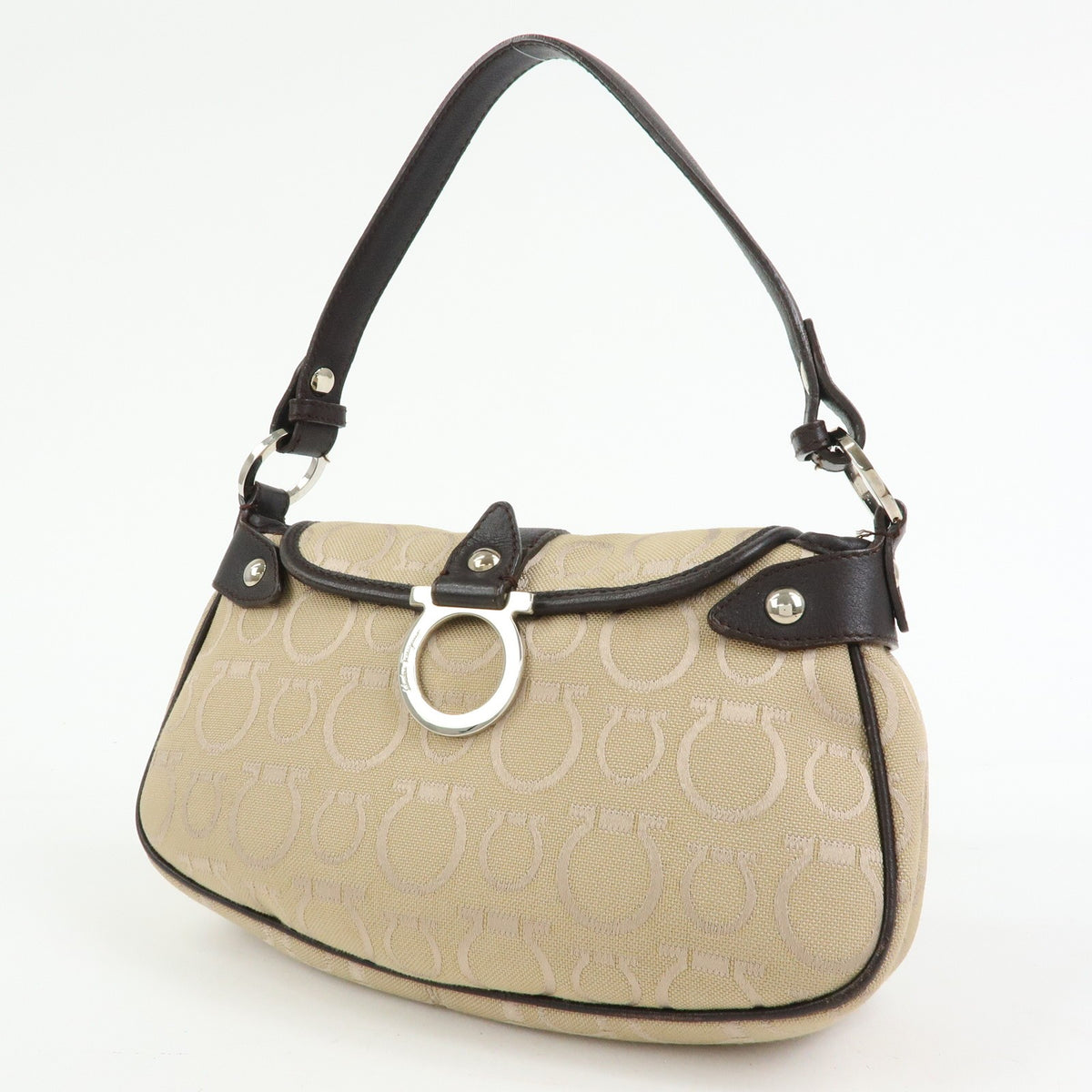 Salvatore Ferragamo Gancini Handle Leather Beige Canvas Tote Bag Bag (Pre-Owned)