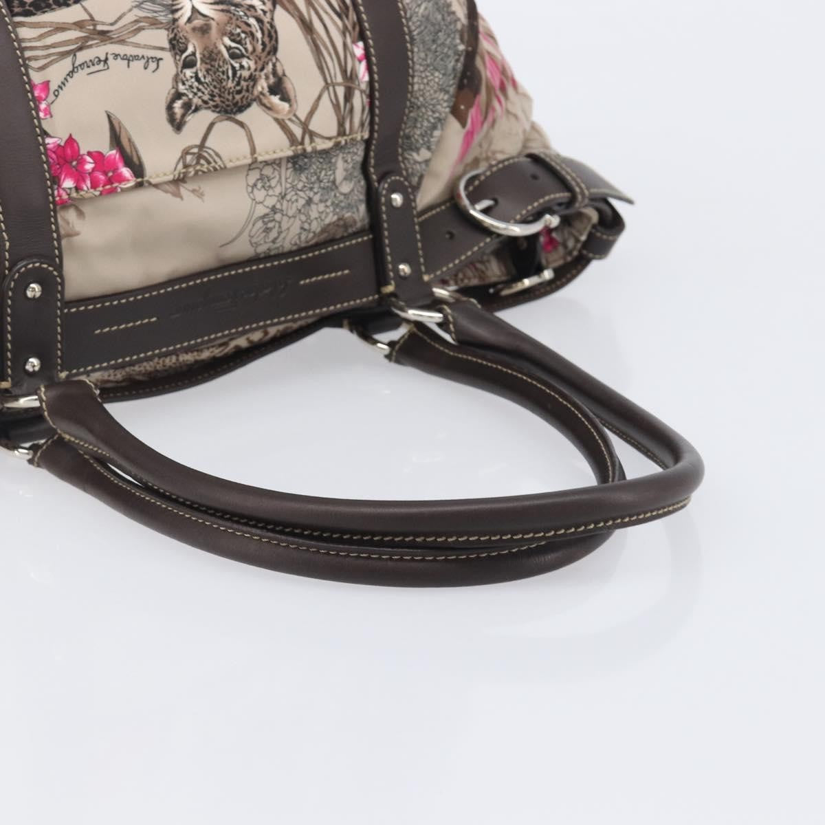 Salvatore Ferragamo Convertible Belted Boston Fiera Printed Nylon With Leather Beige Nylon Handbag (Pre-Owned)