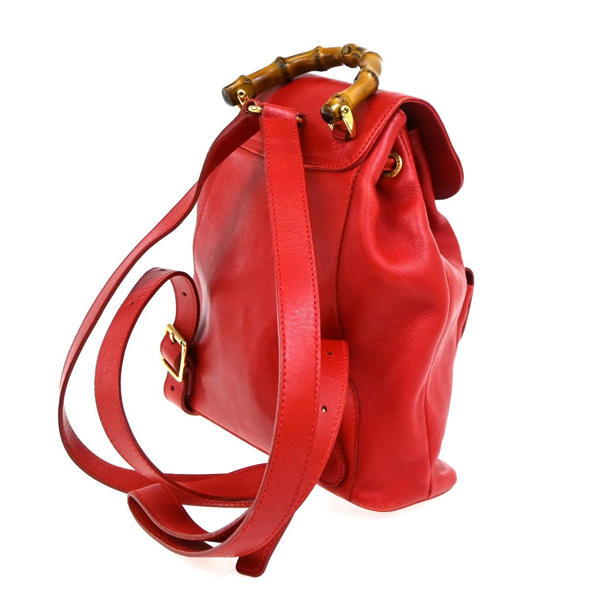 Gucci Vintage Bamboo Leather Red Leather Backpack Bag (Pre-Owned)