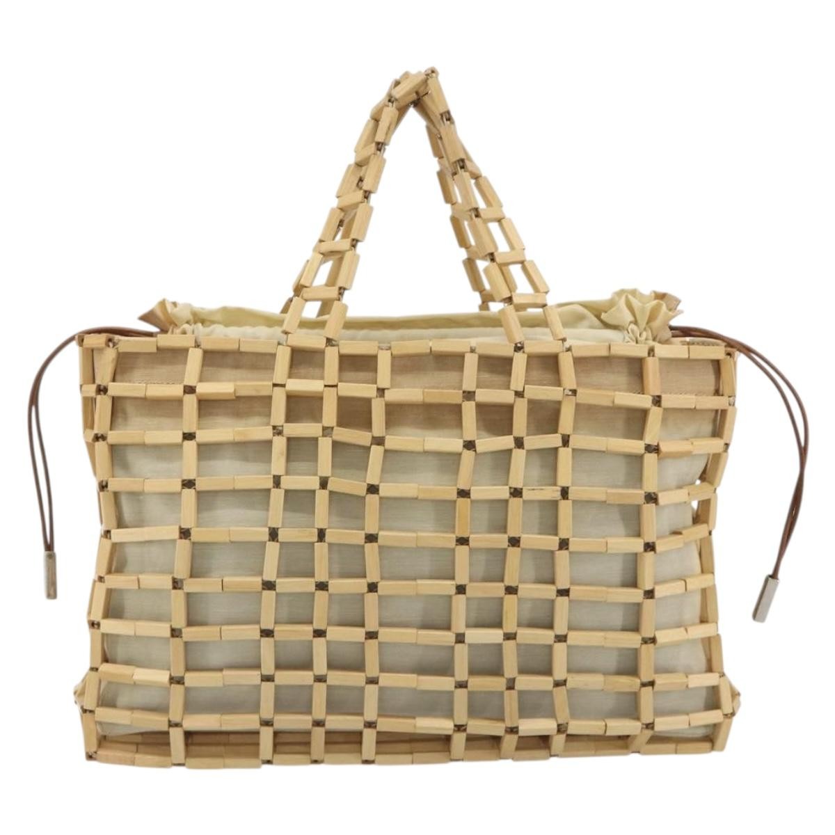 Salvatore Ferragamo Wood Mesh Drawstring Canvas Beige Canvas Handbag (Pre-Owned)