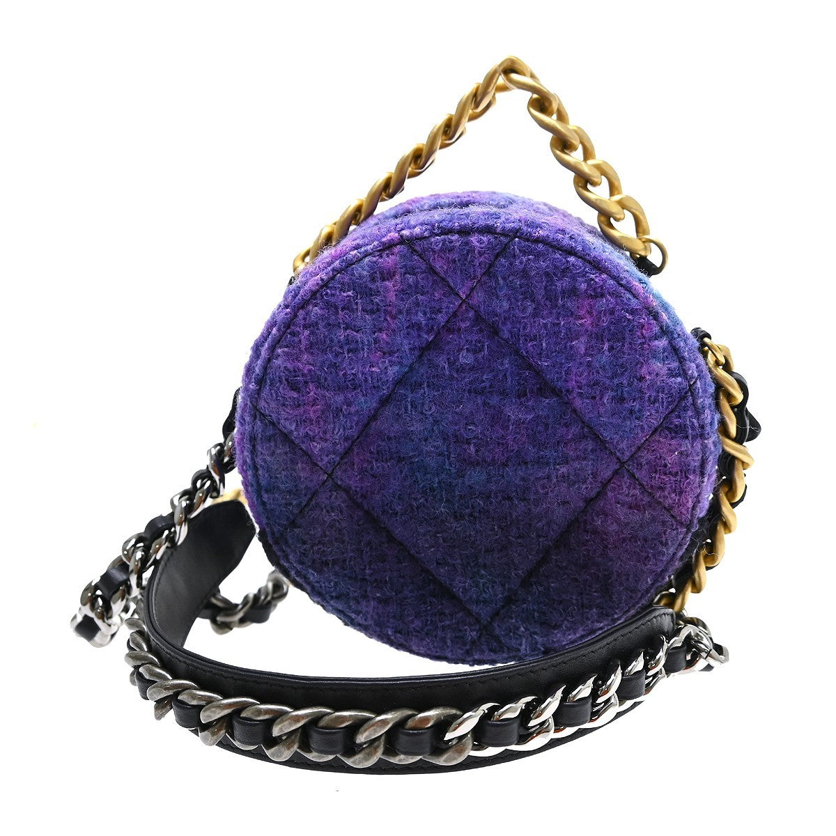 Chanel 19 Round Clutch With Chain Quilted Tweed Purple Tweed Shoulder Bag Bag (Pre-Owned)