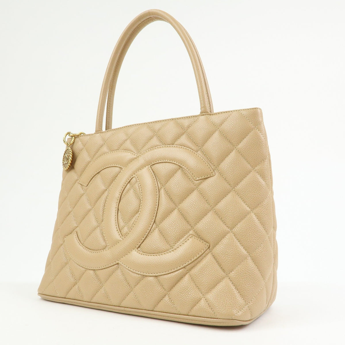 Chanel Medallion Quilted Lambskin Beige Calfskin Tote Bag Bag (Pre-Owned)