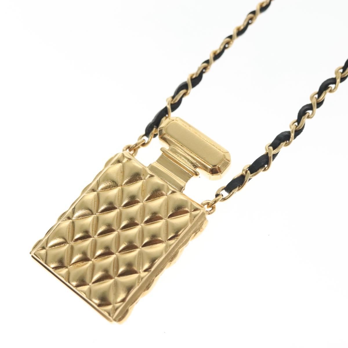 Chanel Cc Perfume Bottle Pendant Chain Long Metal With Leather, Crystals And Faux Pearl Gold Metal Necklace Jewelry (Pre-Owned)