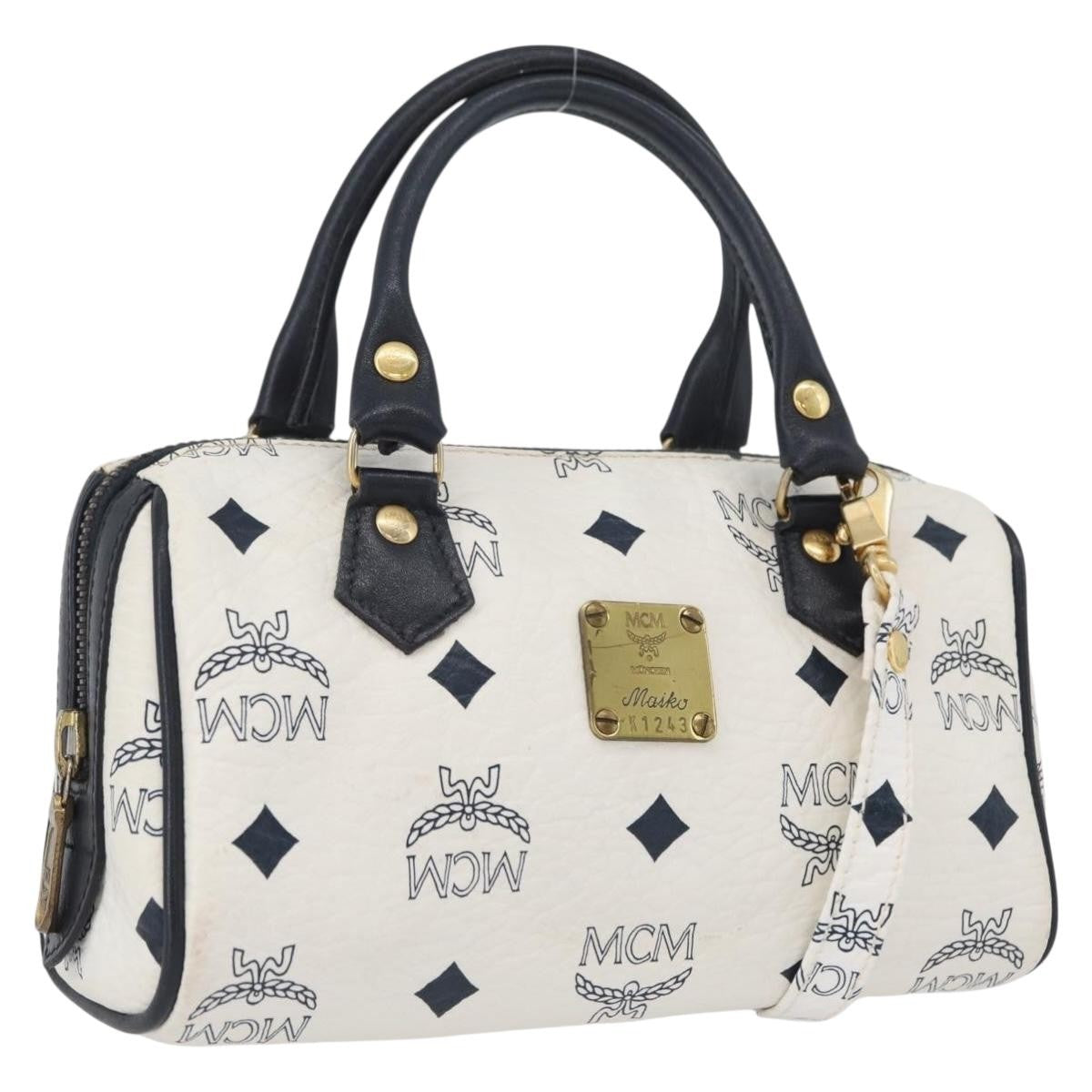 MCM Vicetos Logogram Boston White Leather Travel Bag Bag (Pre-Owned)