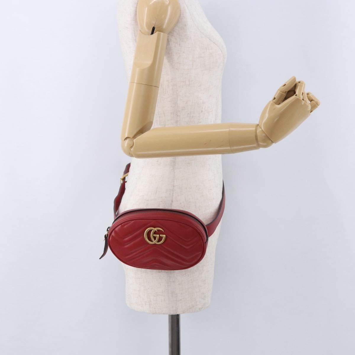 Gucci Gg Marmont Belt Matelasse Leather Red Leather Handbag (Pre-Owned)