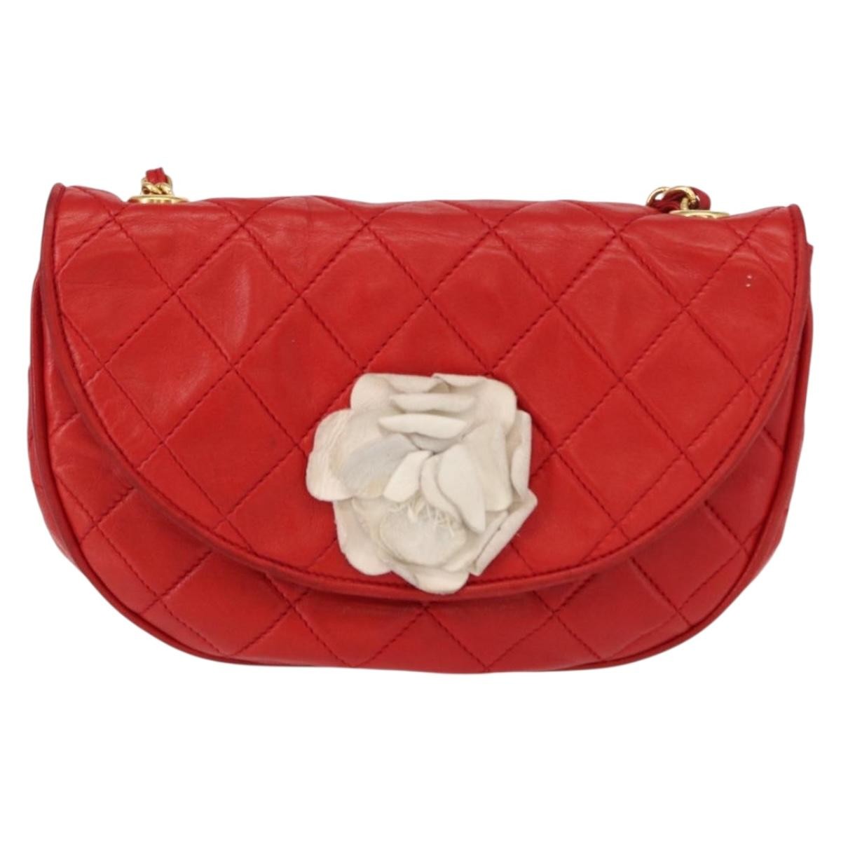 Chanel Camellia Rounded Clutch Satin And Leather Red Leather Shoulder Bag Bag (Pre-Owned)