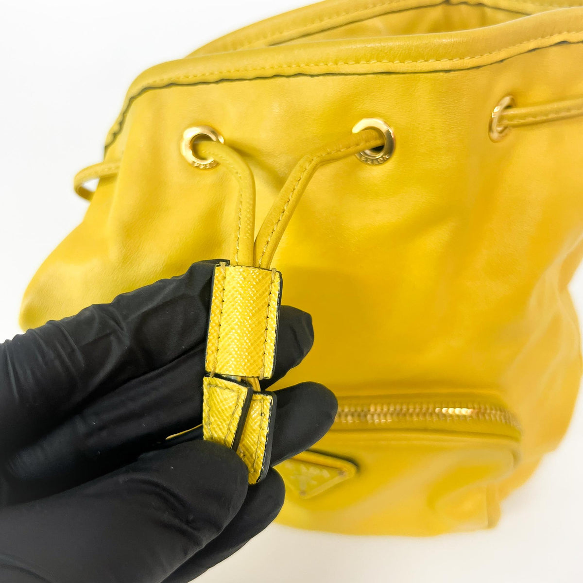 Prada Duet Drawstring Bucket Leather Yellow Leather Handbag (Pre-Owned)