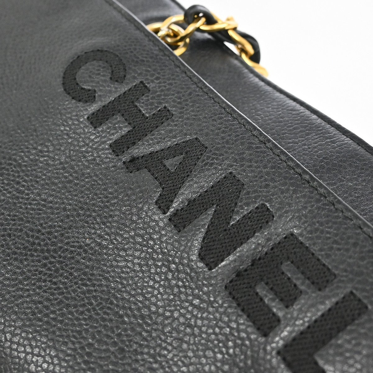 Chanel Vintage Logo Chain Tote Caviar Black Leather Tote Bag Bag (Pre-Owned)