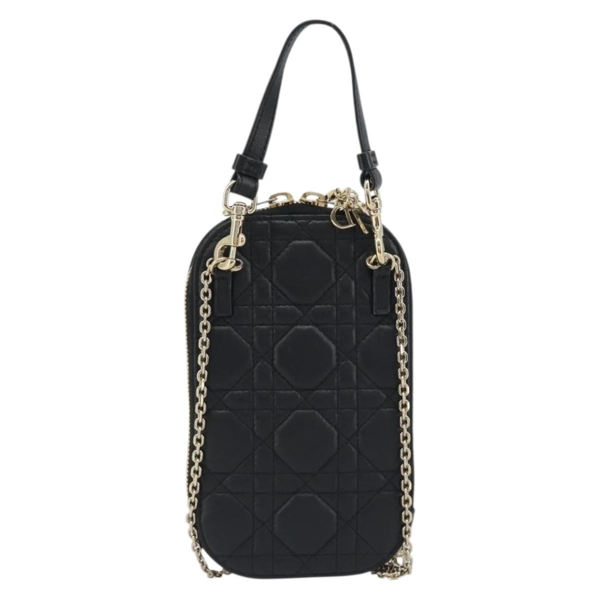 Christian Dior Lady Dior Phone Holder On Chain Cannage Quilt Lambskin Black Leather Shoulder Bag Bag (Pre-Owned)