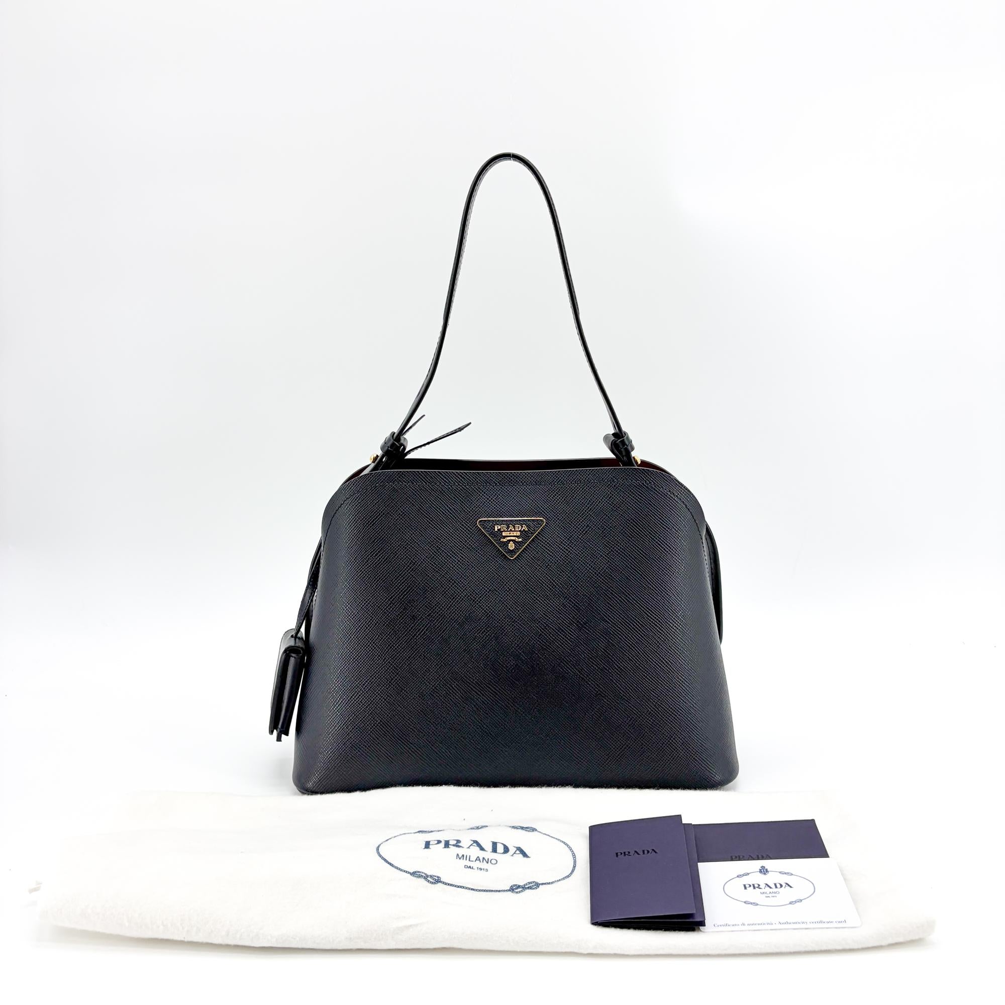 Prada Matinee Top Handle Saffiano Leather Black Leather Handbag (Pre-Owned)