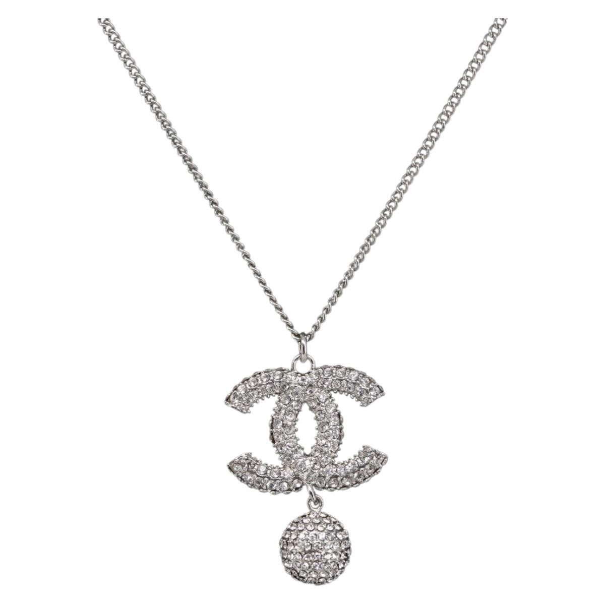 Chanel Cc Ball Drop Pendant Metal With Crystals Silver Metal Necklace Jewelry (Pre-Owned)