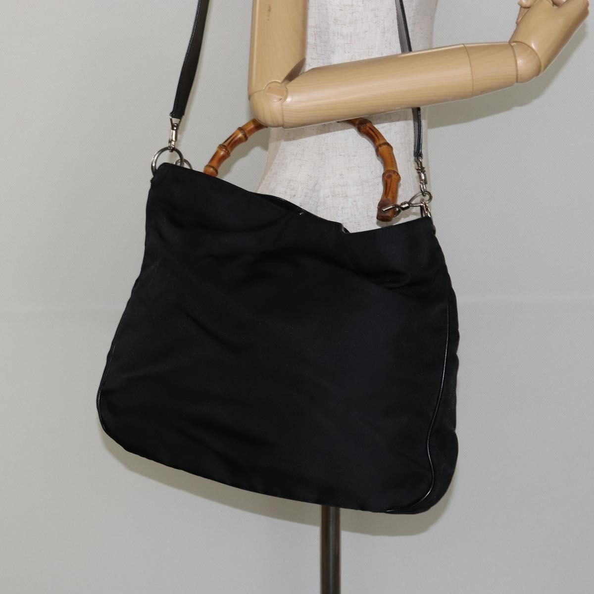 Gucci Vintage Bamboo Handle Open Hobo Nylon Black Nylon Handbag (Pre-Owned)