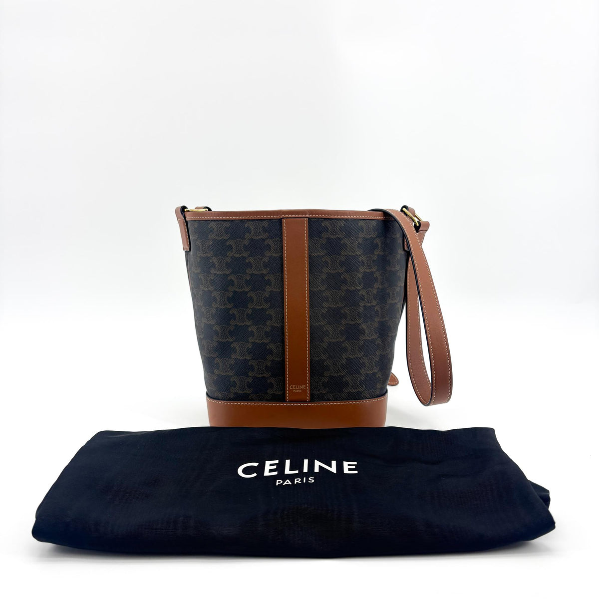 Celine Triomphe Bucket Embossed Suede Black Canvas Handbag (Pre-Owned)