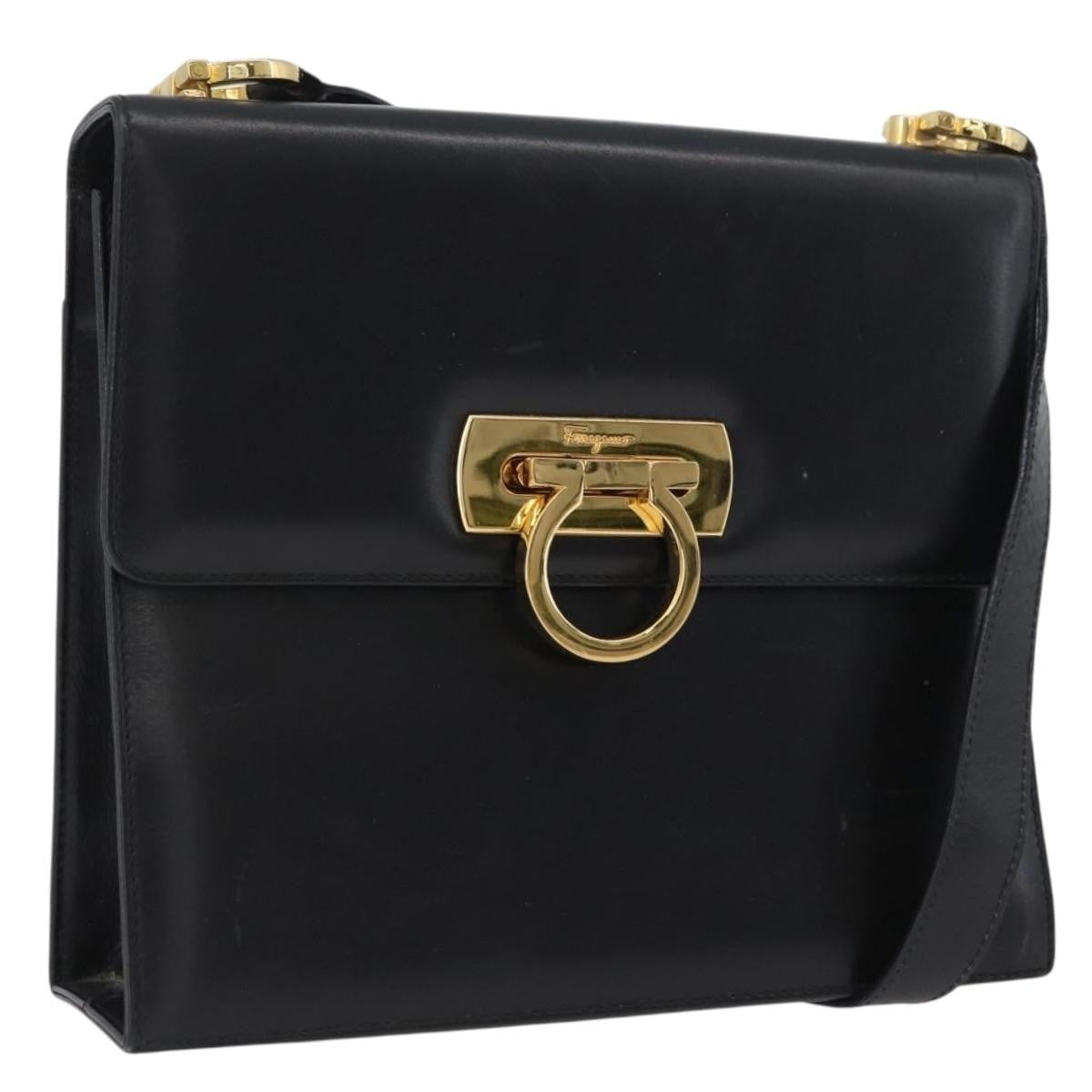 Salvatore Ferragamo Gancini Flap Leather Black Leather Shoulder Bag Bag (Pre-Owned)