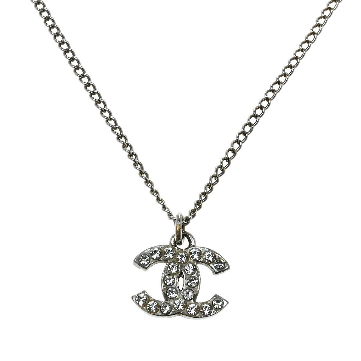 Chanel Vintage Cc Pendant Metal With Crystals Silver Silver_Plated Necklace Jewelry (Pre-Owned)