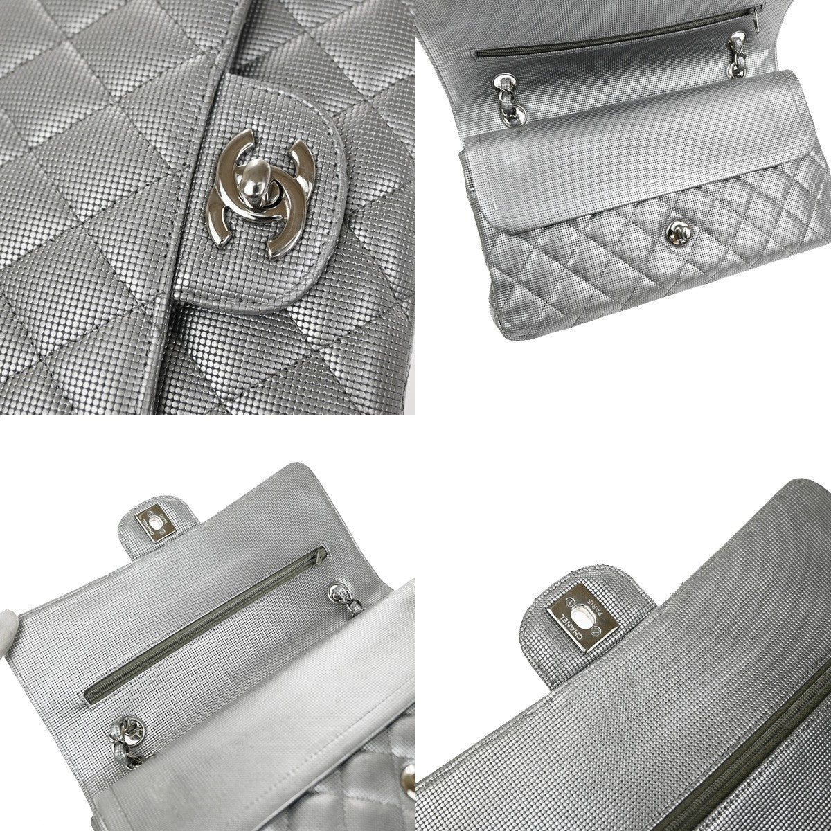 Chanel Classic Timeless Double Flap Pixel Effect Quilted Calfskin Silver Leather Handbag (Pre-Owned)