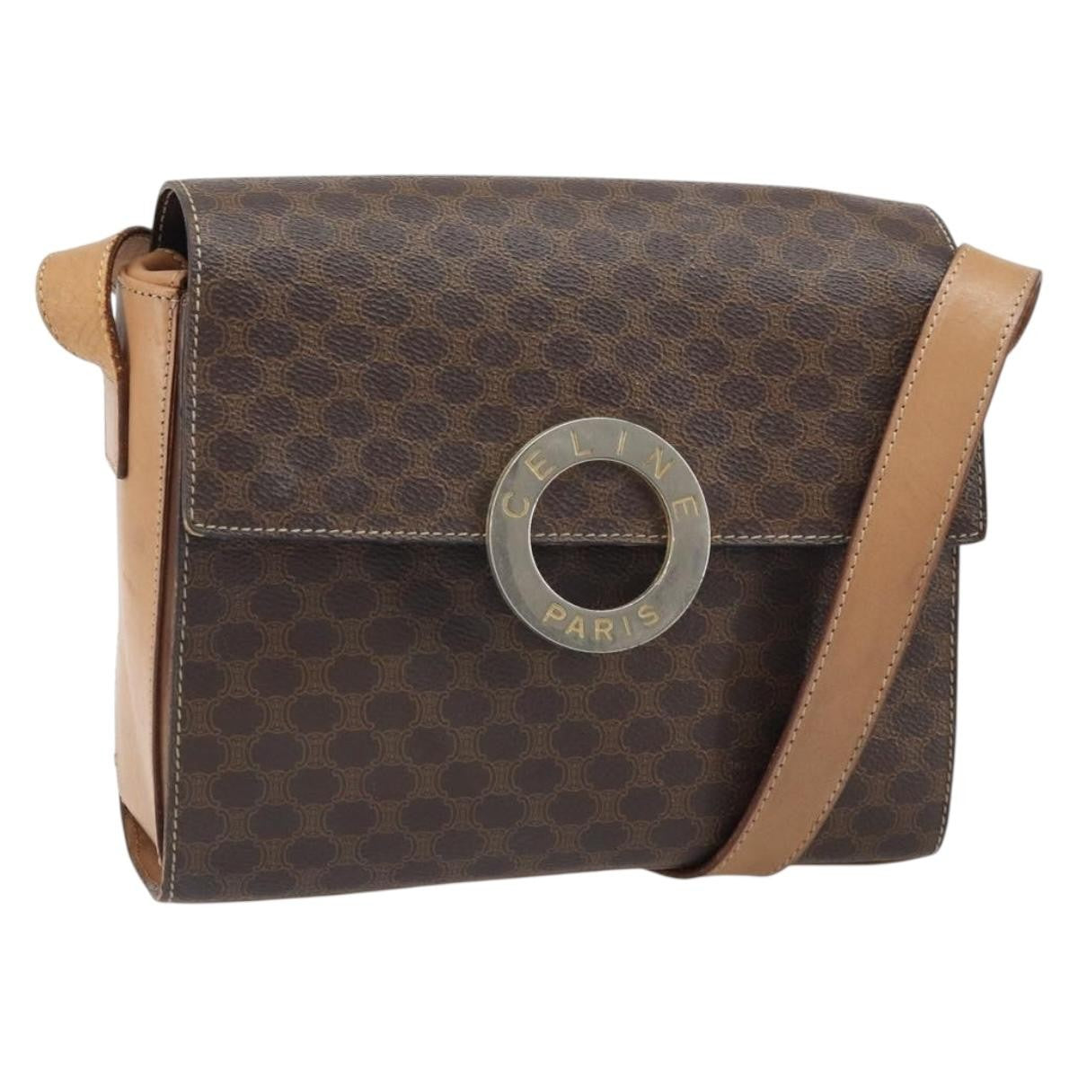 Celine Vintage Macadam Circle Logo Canvas And Leather Brown Canvas Shoulder Bag Bag (Pre-Owned)