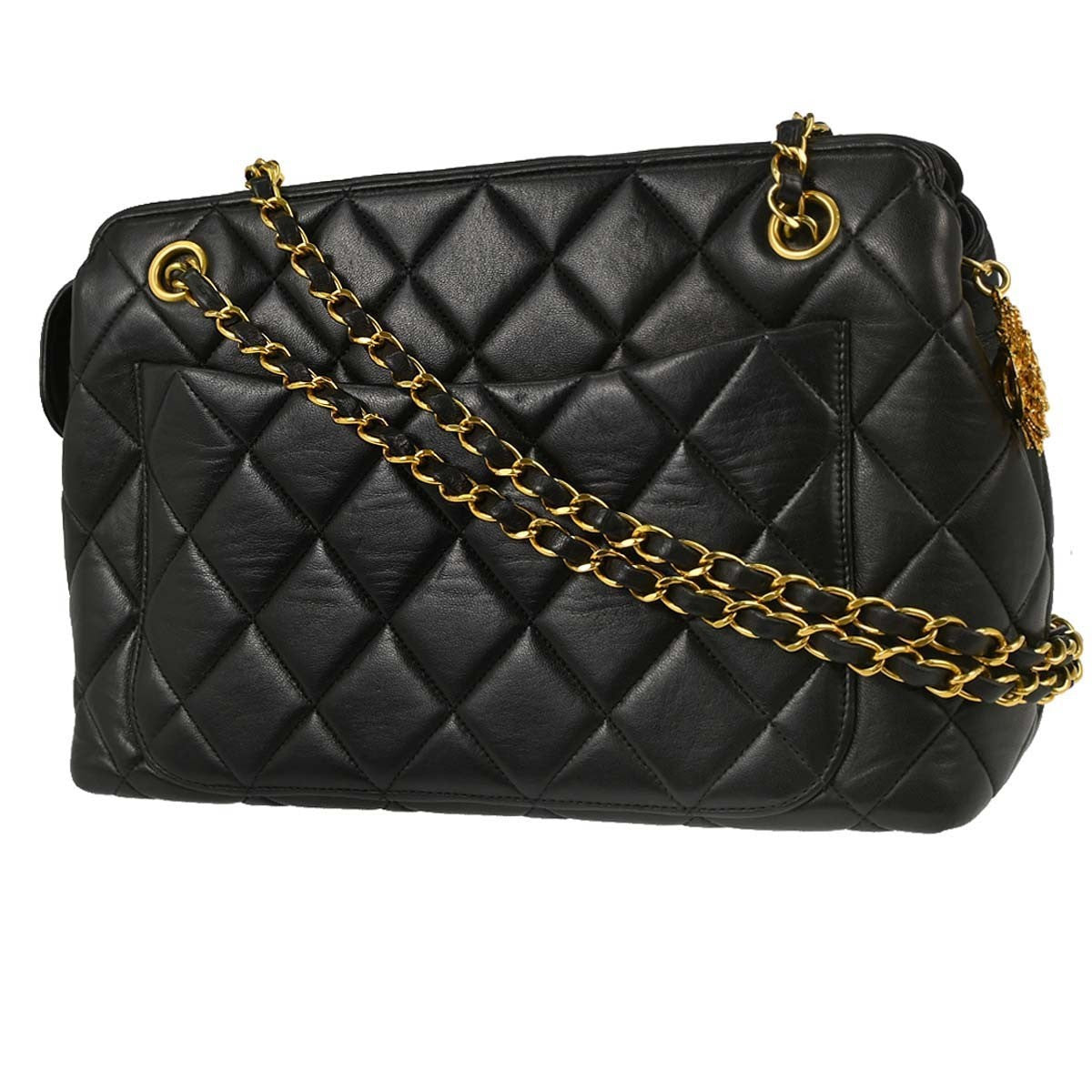 Chanel Vintage Chain Tote Quilted Lambskin Black Leather Tote Bag Bag (Pre-Owned)