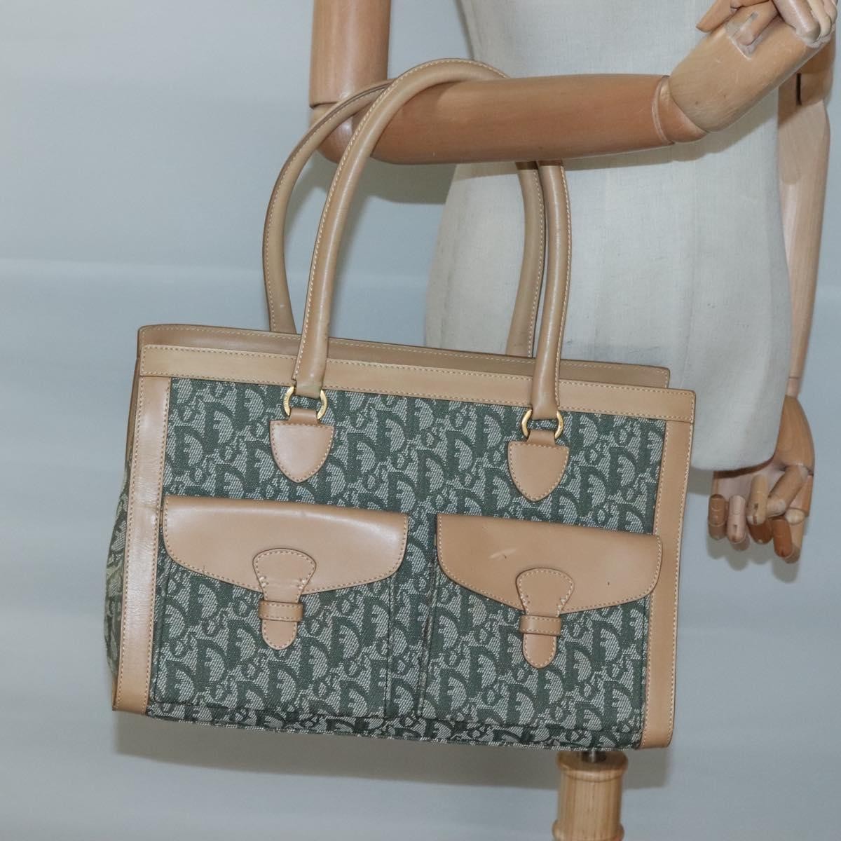 Christian Dior Vintage Trotter Double Pocket Tote Diorissimo Canvas Khaki Canvas Bag (Pre-Owned)