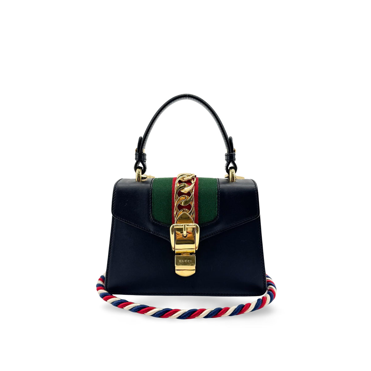 Gucci Sylvie Top Handle Leather Black Leather Handbag (Pre-Owned)