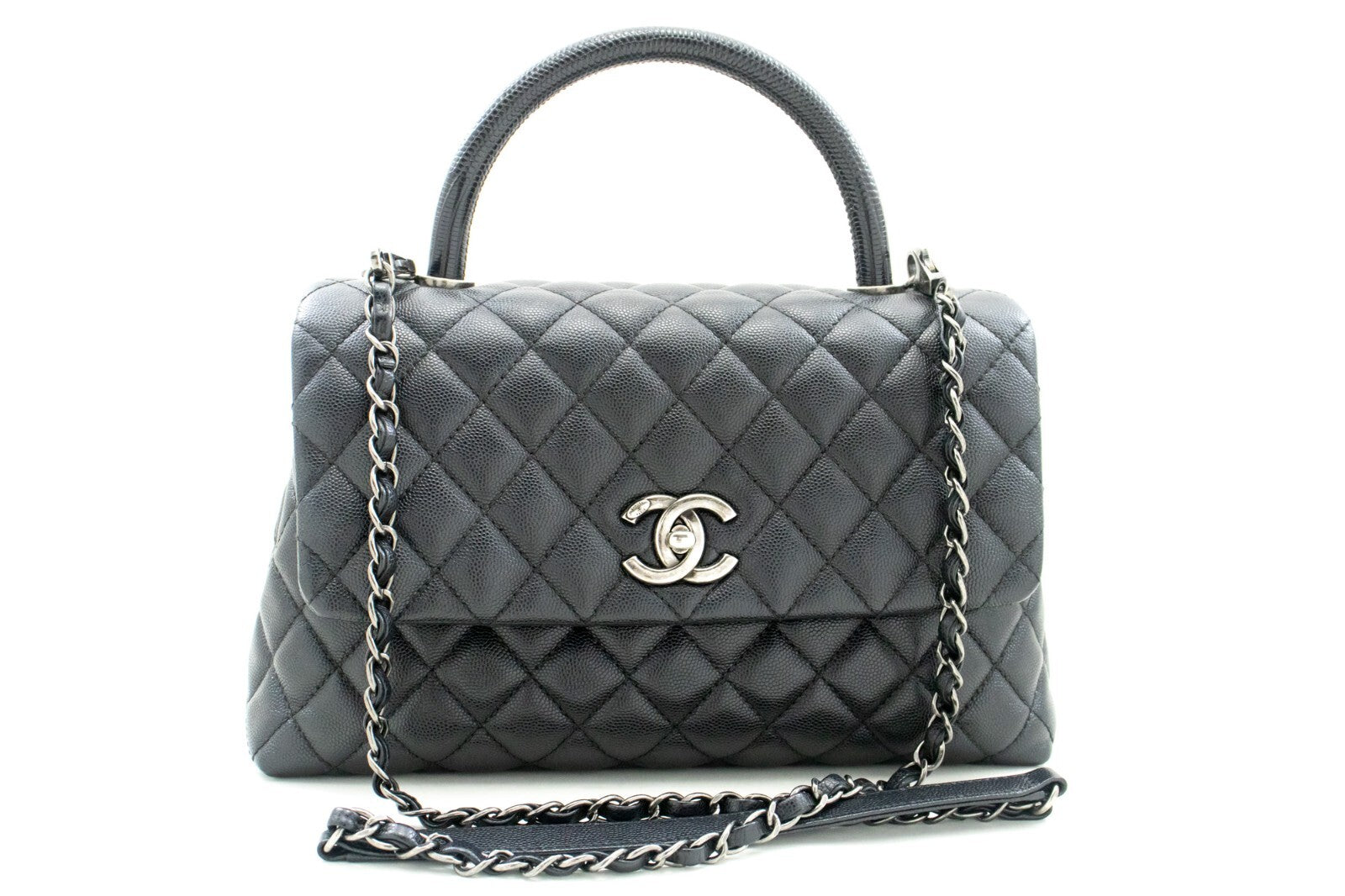 Chanel Top Handle Flap Quilted Caviar Leather Black Calfskin Handbag (Pre-Owned)