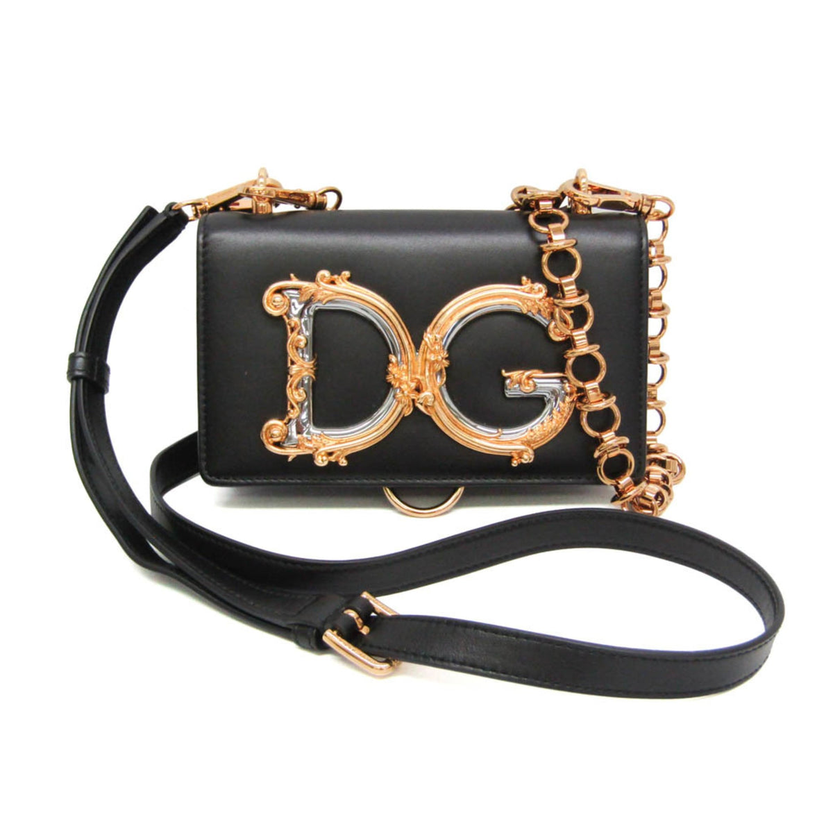 Dolce & Gabbana Dg Girls Flap Embellished Printed Elaphe Black Leather Handbag (Pre-Owned)