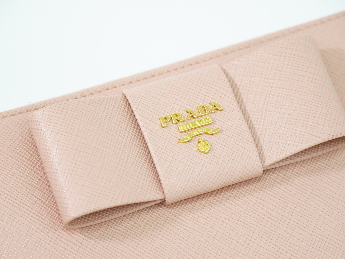 Prada Bow Zip Around Saffiano Leather Pink Leather Wallets Accessory (Pre-Owned)