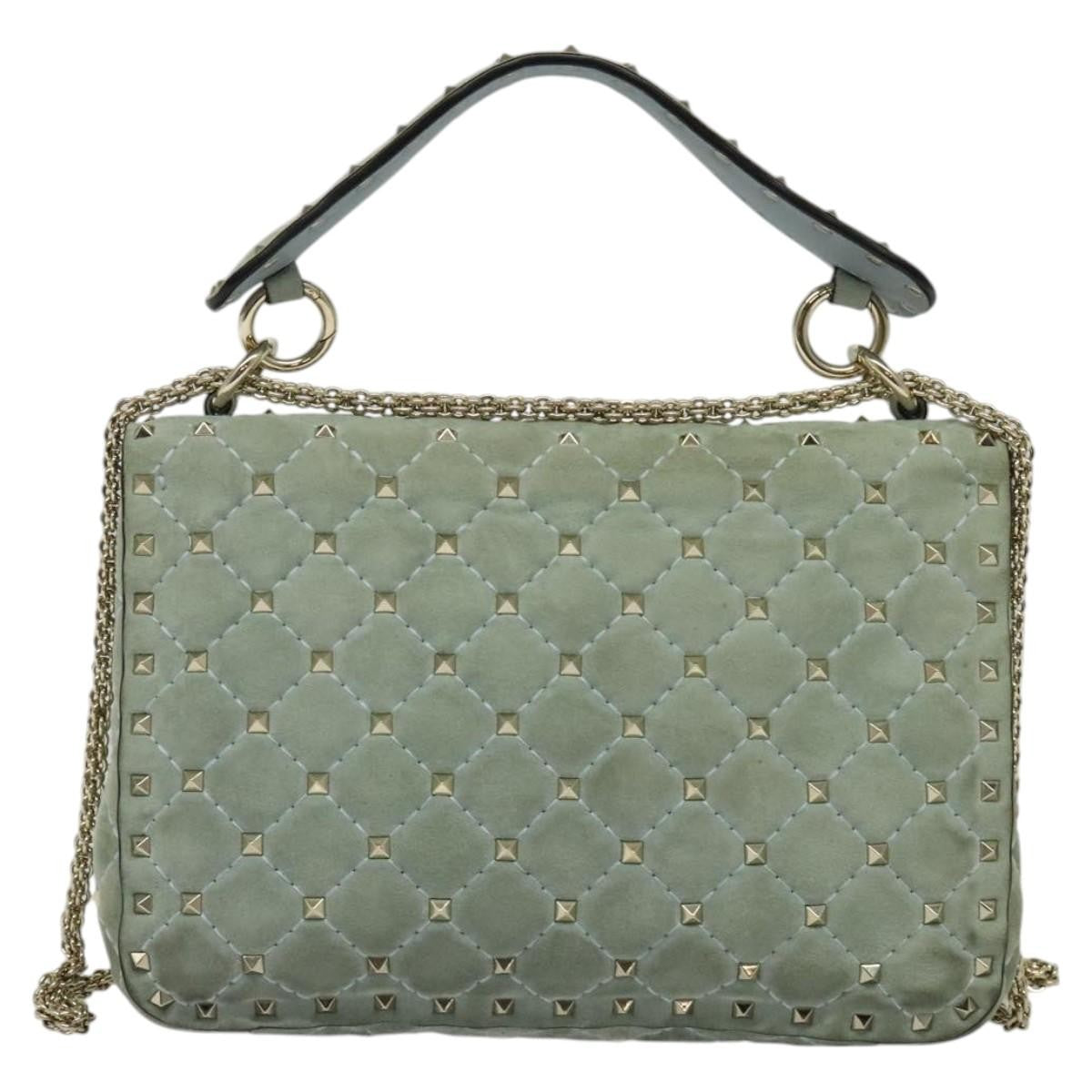 Valentino Garavani Rockstud Spike Flap Quilted Suede Blue Suede Handbag (Pre-Owned)