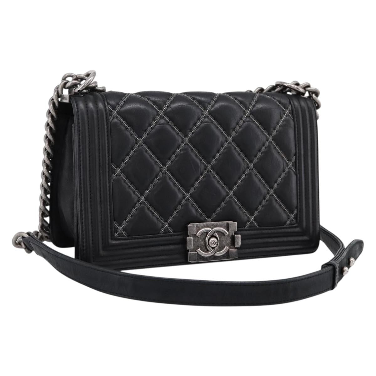 Chanel Boy Flap Quilted Calfskin With Micro Chain Detail Black Leather Shoulder Bag Bag (Pre-Owned)