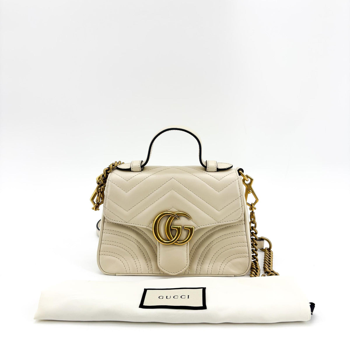 Gucci Gg Marmont Top Handle Flap Matelasse Leather White Leather Handbag (Pre-Owned)
