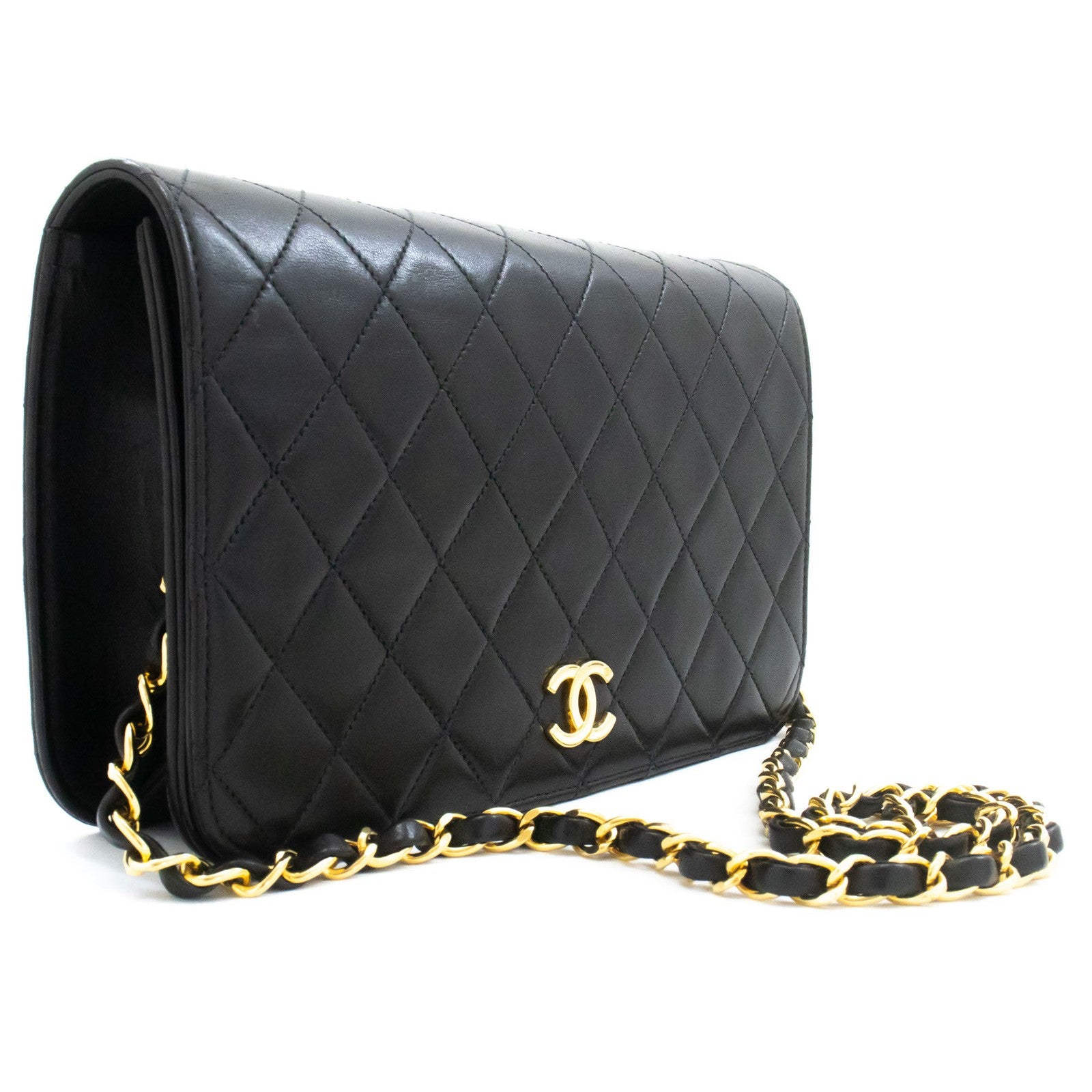 Chanel Vintage Full Flap Quilted Lambskin Black Leather Shoulder Bag Bag (Pre-Owned)