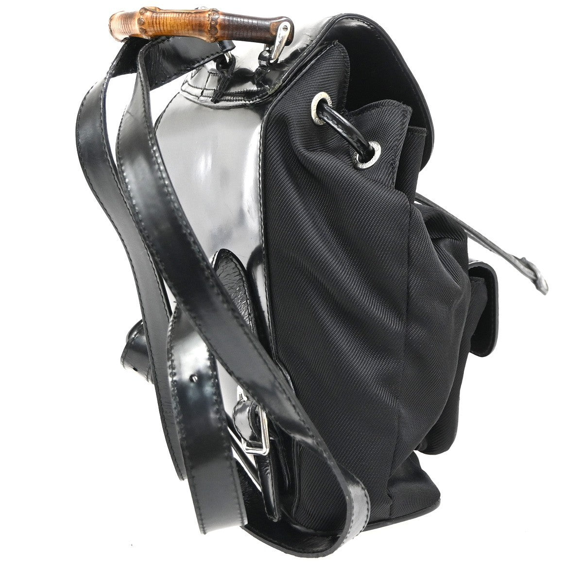 Gucci Vintage Bamboo Nylon And Patent Leather Black Nylon Backpack Bag (Pre-Owned)