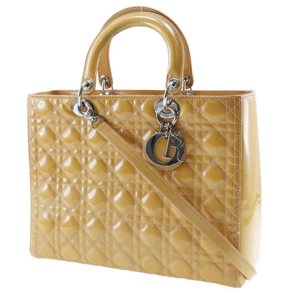 Christian Dior Lady Dior Cannage Quilt Metallic Leather Black Patent_Leather Handbag (Pre-Owned)