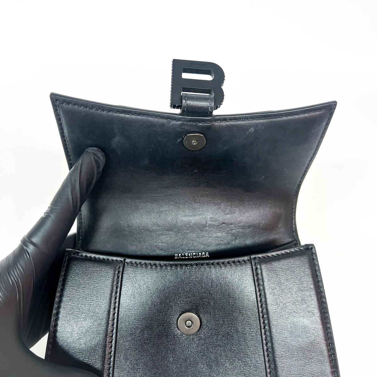 Balenciaga Hourglass Top Handle Leather With Crystals Black Leather Handbag (Pre-Owned)