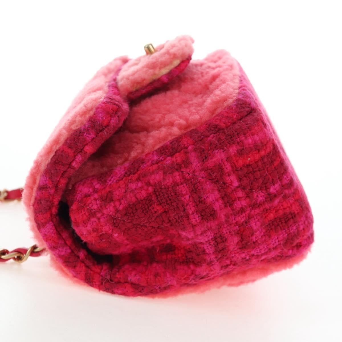 Chanel Vintage Square Classic Single Flap Quilted Shearling And Tweed Pink Canvas Handbag (Pre-Owned)