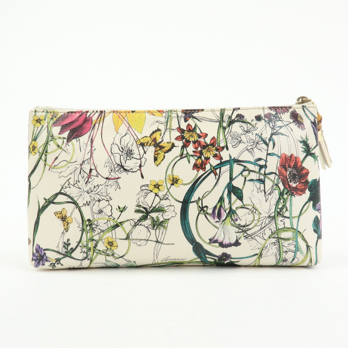 Gucci Bamboo Zip Pouch Flora Leather Beige Leather Clutche & Pouche Bag (Pre-Owned)