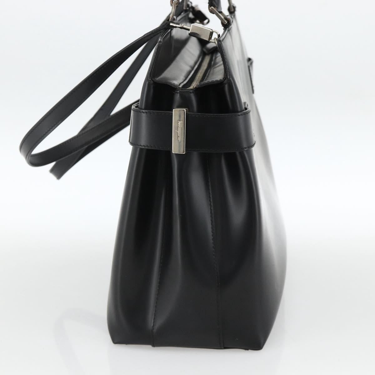 Salvatore Ferragamo Double Gancini Side Buckle Tote Leather Black Leather Handbag (Pre-Owned)