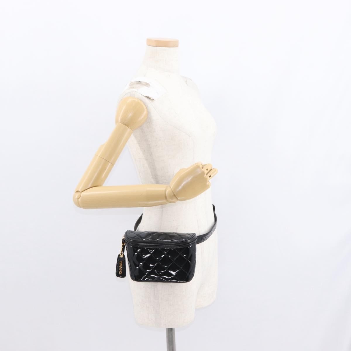 Chanel Vintage Zip Belt Quilted Lambskin Black Patent_Leather Clutche & Pouche Bag (Pre-Owned)