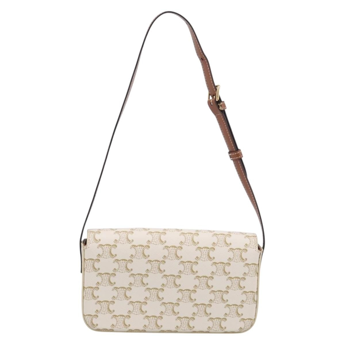 Celine Triomphe East-West Triomphe Coated Canvas White Leather Shoulder Bag Bag (Pre-Owned)