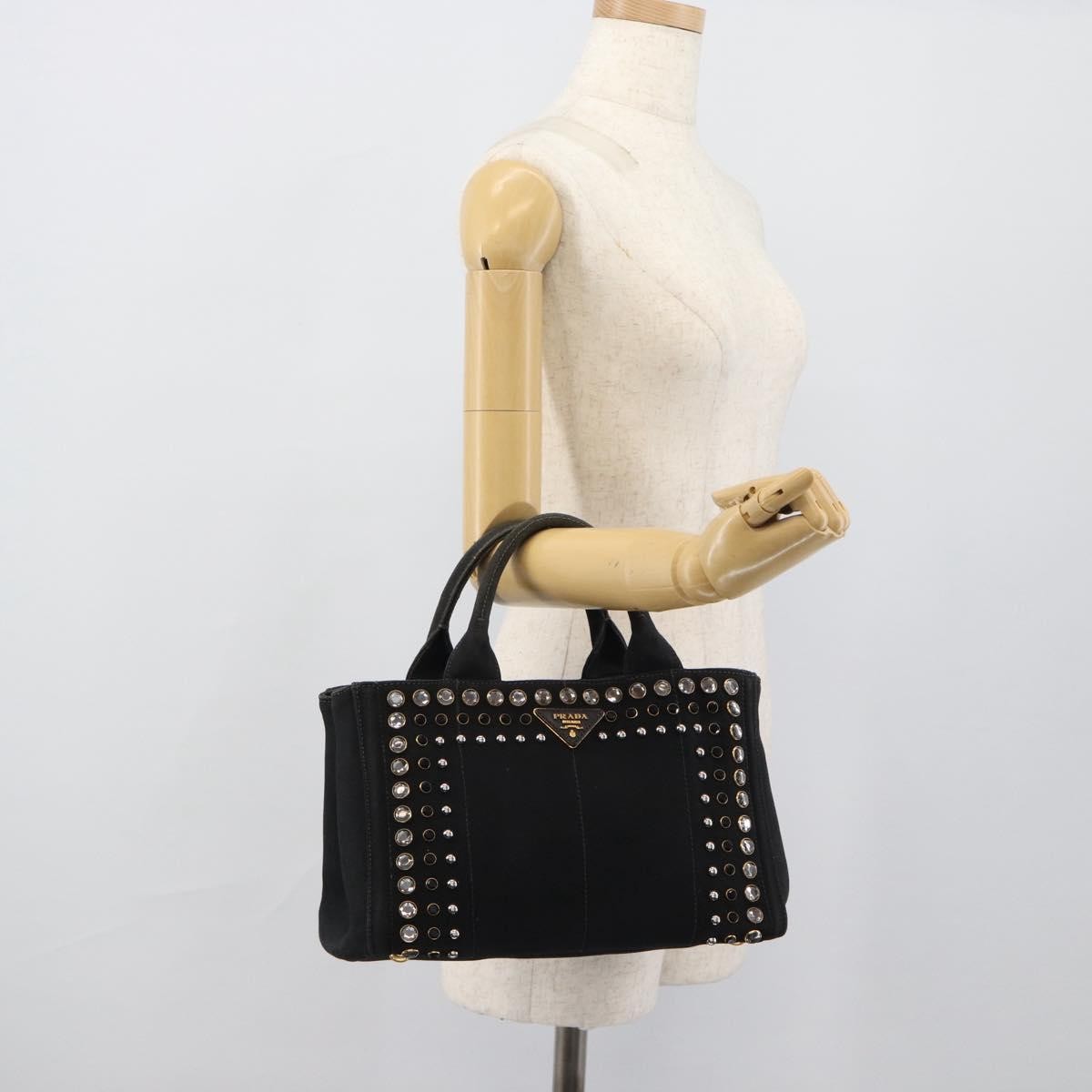 Prada Canapa Convertible Tote Rhinestone Embellished Canvas Black Canvas Handbag (Pre-Owned)