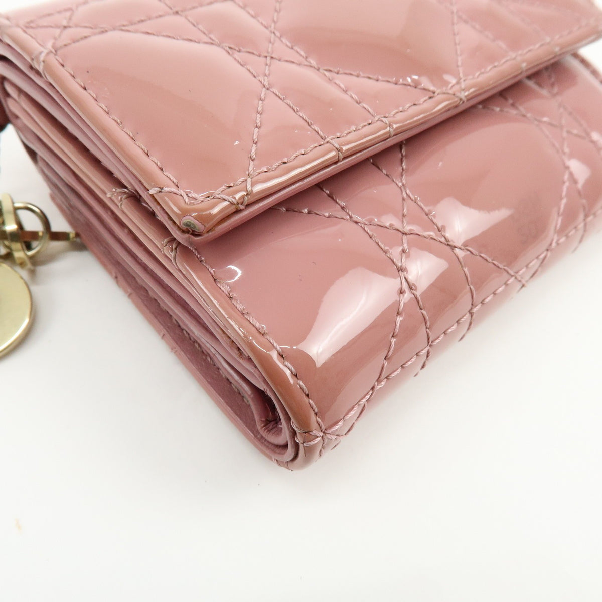 Christian Dior Lady Dior Cannage Quilt Leather Pink Patent_Leather Wallets Accessory (Pre-Owned)