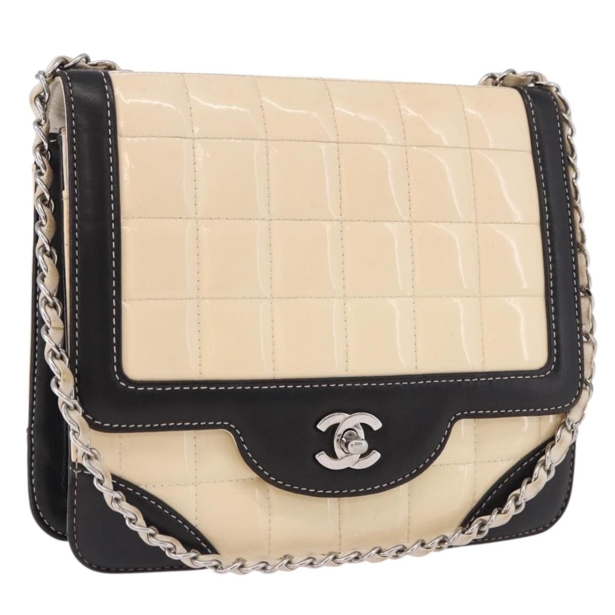 Chanel Vintage Chocolate Bar Cc Flap Patent Leather Beige Patent_Leather Shoulder Bag Bag (Pre-Owned)